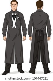 The suit for the waiter consists of a shirt, trousers and an apron