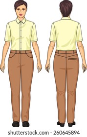 The suit for the woman consists of a blouse and trousers