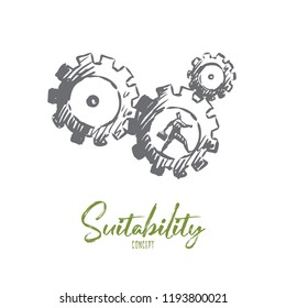 Suitability, work, employment, interview, profession concept. Hand drawn businessman inside of cogwheel concept sketch. Isolated vector illustration.