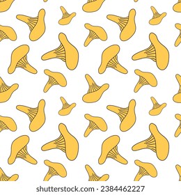 Suitable for autumn and culinary designs, as well as for textiles. Yellow mushroom seamless chanterelle pattern in doodle style vector illustration.