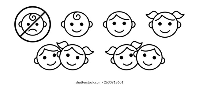 Adequado para bebês, crianças, conjunto de ícones de etiqueta de adultos. Ícones para crianças e crianças. Baby safe aprovado. Adequado para crianças logotipo, crachá, sinal, símbolo isolado no fundo branco. Ilustração vetorial.