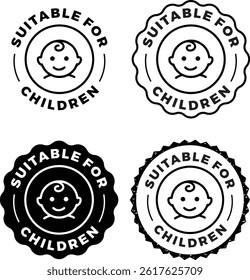 Suitable for Children Label – Kids Friendly Icon, Baby Safe Approved Seal, Emblem, and Stamp Vector Illustration