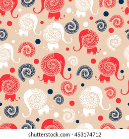 Is suitable for a children's decor and the press on fabrics, papers. A seamless pattern with lovely little elephants and cockleshells.