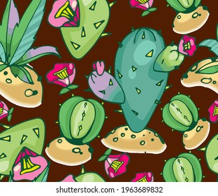 Adecuado para impresión de tela. papel pintado, papel de envoltura. Patrón de cactus colorido sobre un fondo vintage marrón oscuro. 