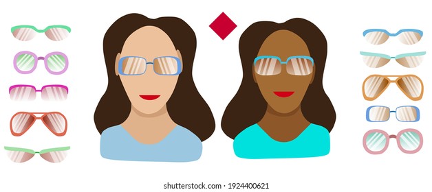Suitable glasses for a diamond-shaped female face. Template of a african-american and white girls face, a set of glasses isolated on a white background. Vector illustration in flat style 