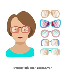 Suitable glasses for a rectangular female face. Template of a girl's face, a set of glasses isolated on a white background.Vector illustration in flat style for optics stores.