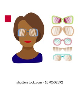Suitable glasses for a rectangular female face. Template of a african-american girl's face, a set of glasses isolated on a white background. Vector illustration in flat style for optics stores.