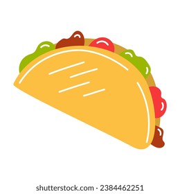 Suitable for Mexican themed designs, cafe menu designs, food banners. Mexican taco, burrito, flatbread with vegetables and meat in vector cartoon style, isolated on white.