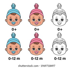 Suitable for newborn. Cute baby face portrait. Safe for children from birth. Allowed from 0+ months. Little boy or girl first year with pacifier. Icon set for toys, child cosmetics, nutrition. Vector