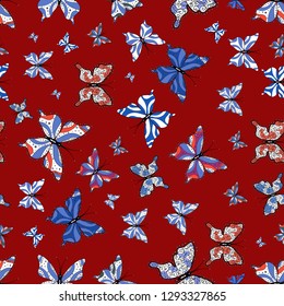 Suitable for packaging, paper, fabric. Colored butterflies on a red, white and blue background. Colorful folk vector seamless pattern with butterflies.