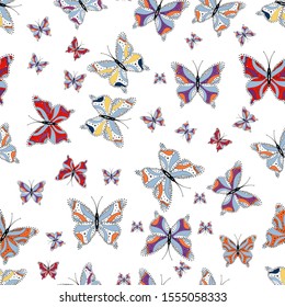 Suitable for packaging, paper, fabric. Colored butterflies on a black, white and blue background. Colorful folk vector seamless pattern with butterflies.
