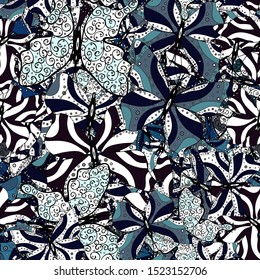 Suitable for packaging, paper, fabric. Colorful folk vector seamless pattern with butterflies. Colored butterflies on a gray, black and white background.