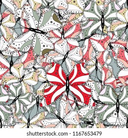 Suitable for paper, fabric, packaging. Illustration in white, neutral and black colors. Vector floral seamless pattern with butterflies.