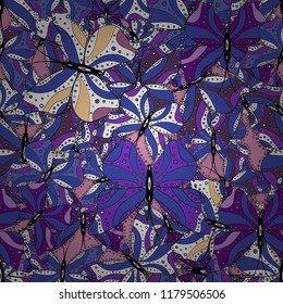 Suitable for paper, fabric, packaging. Illustration in violet, white and black colors. Vector floral seamless pattern with butterflies.