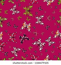 Suitable for paper, fabric, packaging. Illustration in purple, red and white colors. Vector floral seamless pattern with butterflies.