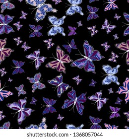 Suitable for paper, fabric, packaging. Illustration in black, blue and purple colors. Vector floral seamless pattern with butterflies.