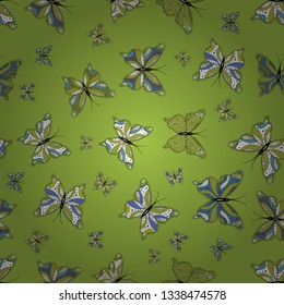 Suitable for paper, fabric, packaging. Seamless pattern. Vector. Butterflies on white, green and blue cute background.