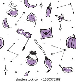 Suitable for textile, print, decoration, clothes. Magic elements for halloween autumn magic decoration. Seamless pattern background.
