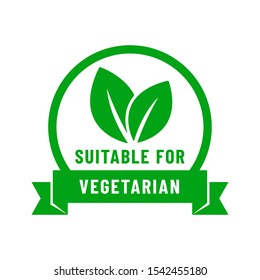 Suitable for vegetarian icon. Organic, bio, eco symbol. No meat, vegetarian, healthy, nonviolent food. Round green vector illustration with ribbon and leaves for stickers, labels and logos