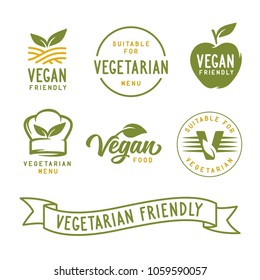 Adequado para vegetariano. Conjunto de rótulos relacionados veganos. Adesivos para produtos alimentares. Ícones de comida saudável. Ilustração vintage vetorial.