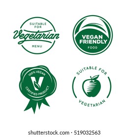 Suitable for vegetarian. Vegan related labels set. Stickers for food products. Healthy food icons. Vector vintage illustration.