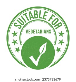 Suitable For Vegetarians Rubber Stamp, Leaf Badge, Sticker, Emblem, Vegetable Foods Design Element, Plants Food Packaging Label Seal, Product Label Design With Grunge Texture Vector Illustration