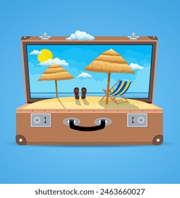 suitcase and accessories travel. Holidays on the beach concept. wooden chaise lounge, umbrella, flip flops on beach, surfboard. Vector illustration in flat style