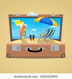 suitcase and accessories travel. Holidays on the beach concept. wooden chaise lounge, umbrella, flip flops on beach, surfboard. Vector illustration in flat style