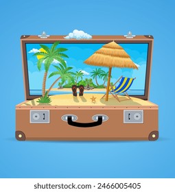 suitcase and accessories travel. Holidays on the beach concept. wooden chaise lounge, umbrella, flip flops on beach, surfboard. Vector illustration in flat style