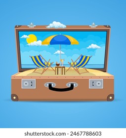 suitcase and accessories travel. Holidays on the beach concept. wooden chaise lounge, umbrella, flip flops on beach, surfboard. Vector illustration in flat style