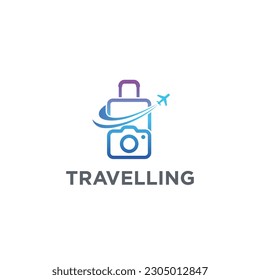 Suitcase with airplane and camera travelling logo vector icon illustration
