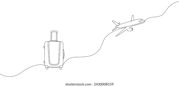 Maleta y avión dibujados con una línea editable. Dibujo continuo de una sola línea sobre el tema del viaje. Concepto de vacaciones, viaje en avión con equipaje.  Cartel sobre el tema de viajar. Ilustración de vector  
