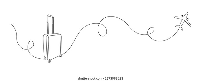 Suitcase and airplane in one continuous line drawing. Vacation with luggage and travel baggage concept in simple linear style. Air trip and journey banner. Doodle outline vector illustration