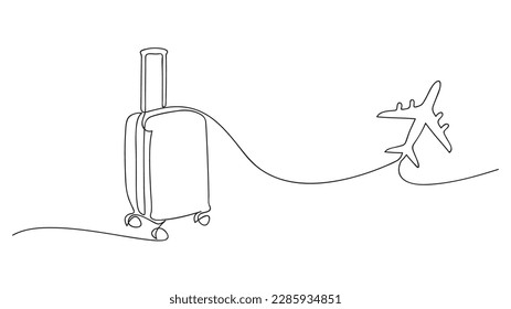 Suitcase and airplane in one continuous line drawing.Traveling. Vector illustration