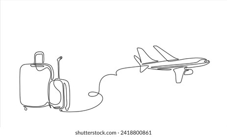 Suitcase and airplane in one continuous line drawing. Vacation with luggage and travel baggage concept in simple linear style. Air trip and journey banner. Doodle outline vector illustration