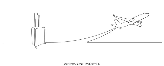 Suitcase and airplane in one continuous line drawing. Vacation with luggage and travel baggage concept in simple linear style. Air trip and journey banner. Doodle outline vector illustration