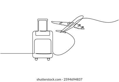 Suitcase and airplane in one continuous line drawing, Travel continuous line drawing with color shapes, Suitcase and airplane in one continuous line drawing.