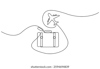 Suitcase and airplane in one continuous line drawing, Travel continuous line drawing with color shapes, Suitcase and airplane in one continuous line drawing.