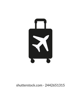 Suitcase and airplane. Silhouette of a suitcase on wheels with a flying plane.