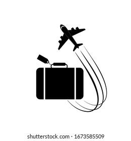 Suitcase and airplane. Vector illustration of black suitcase and plane icons isolated on white background. Let's go travel concept