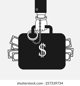 suitcase with american dollars handcuffed to a businessman hand, vector illustration.