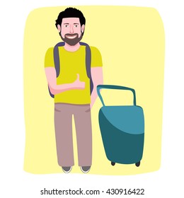 Suitcase and a backpack with a man. Vector cartoon man with a big suitcase and backpack. Hand thumbs up.