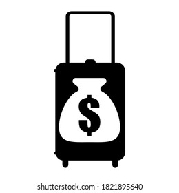 Koffer und Tasche mit Dollar-schwarz-weißem Hintergrund, Gestaltungszeichen, Vektorgrafik