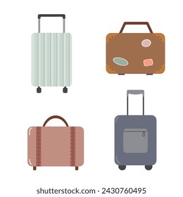 Suitcase bag set. Leather handbag, briefcase for travel. Vector flat design.