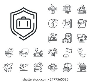 Signo de maleta. Iconos de contorno de plano, cadena de suministro y posición. Icono de línea de protección del equipaje. Símbolo de seguridad del equipaje. Señal de la línea de protección del equipaje. Transporte en taxi, alquiler de un icono de bicicleta. Vector