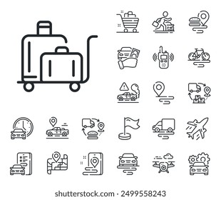 Suitcase bag sign. Plane, supply chain and place location outline icons. Luggage trolley line icon. Baggage claim symbol. Luggage trolley line sign. Taxi transport, rent a bike icon. Vector