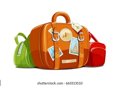 Suitcase and bag for travel with stickers. Touristic baggage. Vintage leather case. Vacation accessory Isolated white background. Vector illustration.