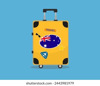 Suitcase or baggage with Australia flag, holiday and vacation idea, travel to Australia, vector suitcase design, travel abroad, tourism and trip concept, baggage with stickers
