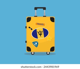Suitcase or baggage with Barbados flag, holiday and vacation idea, travel to Barbados, vector suitcase design, travel abroad, tourism and trip concept, baggage with stickers