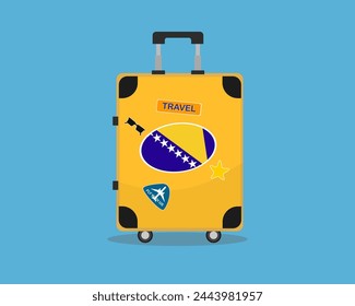 Suitcase or baggage with Bosnia flag, holiday and vacation idea, travel to Bosnia, vector suitcase design, travel abroad, tourism and trip concept, baggage with stickers